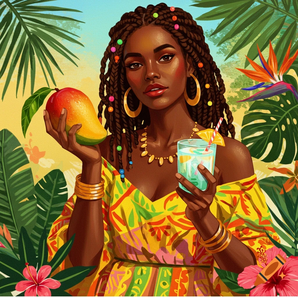 A woman in a tropical setting holding a mango and a drink.
