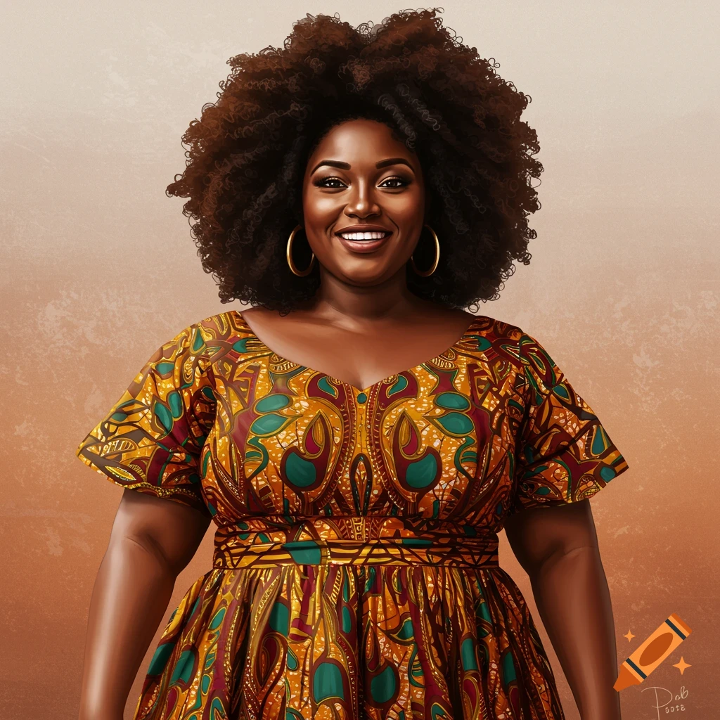 Portrait of a Black woman smiling, wearing a colorful African print dress and hoop earrings.