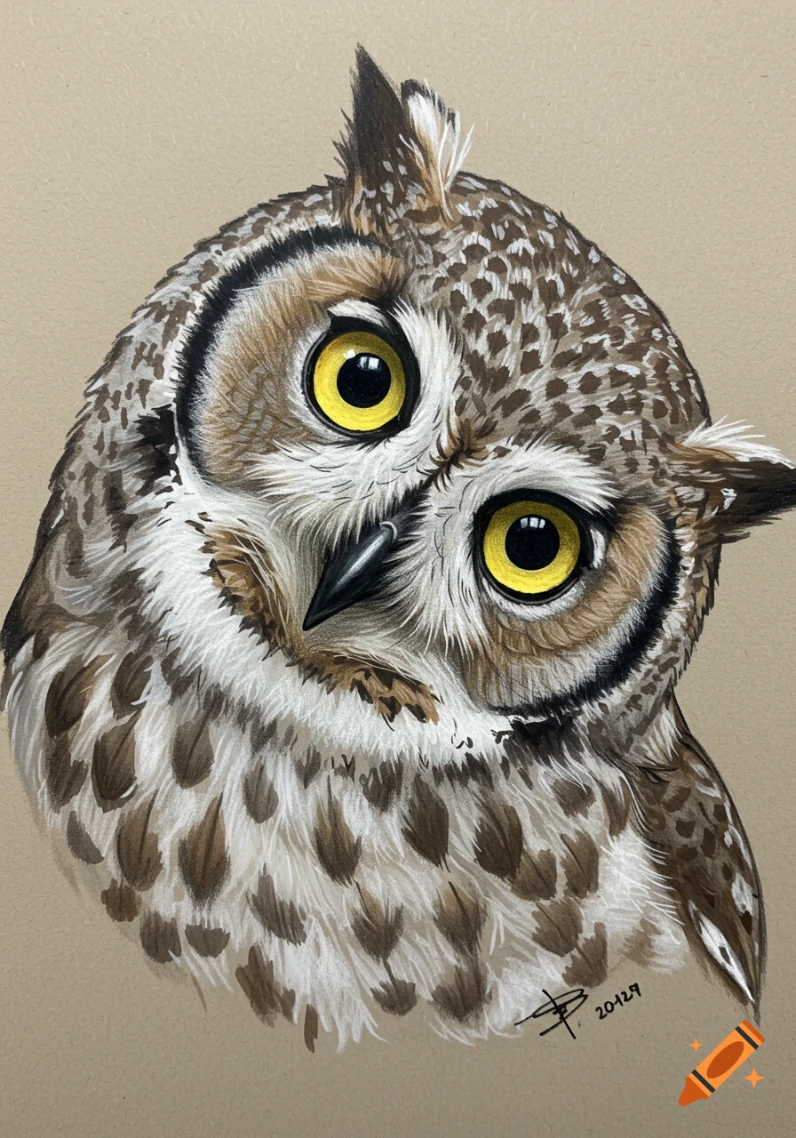 Realistic drawing of an owl tilting its head.