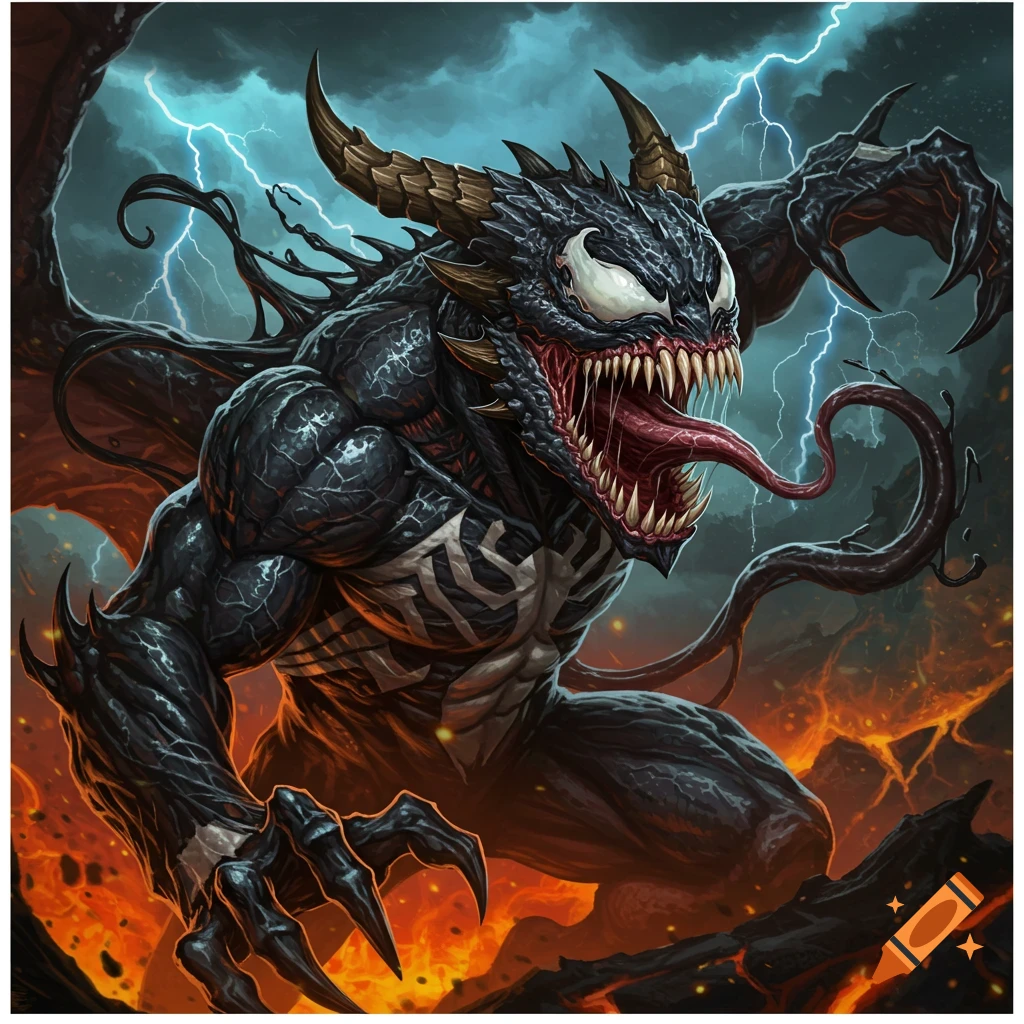 A creature combining features of a dragon and Venom, roaring amidst lightning and fire.