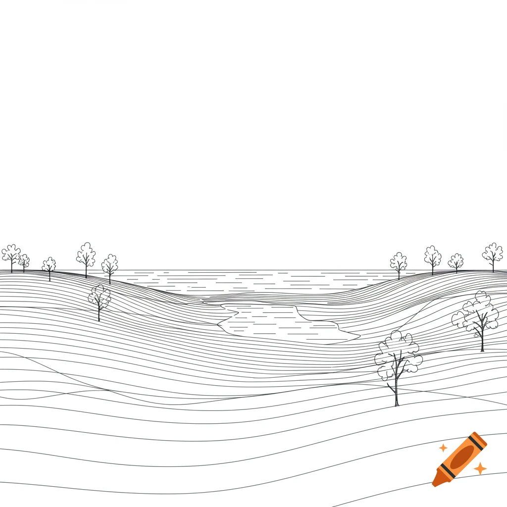 Black and white minimalist line drawing of a landscape with hills, water, and trees.