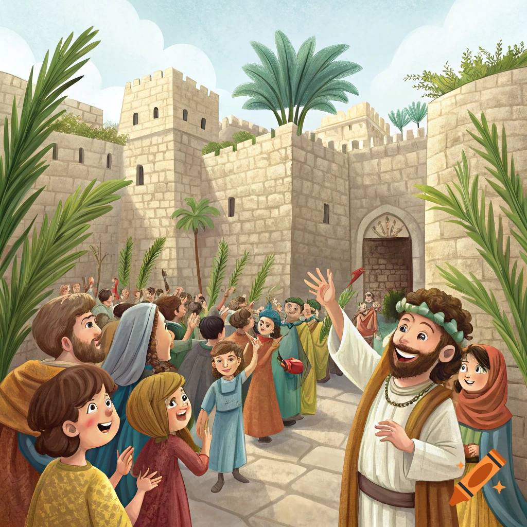 Children's book illustration of a crowd outside ancient city walls waving palm branches and welcoming a man with a wreath.