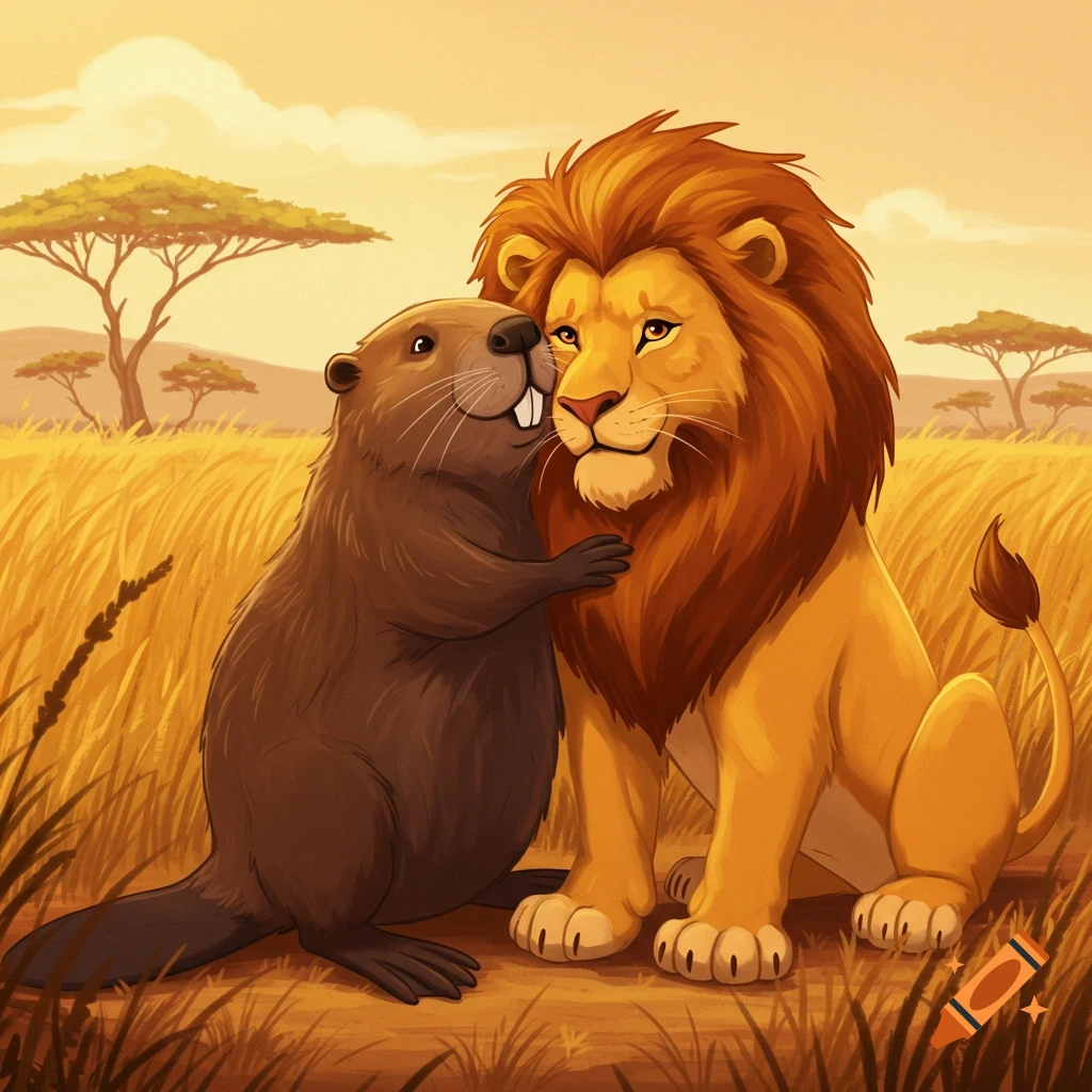A cartoon beaver hugs a lion in a savanna field.