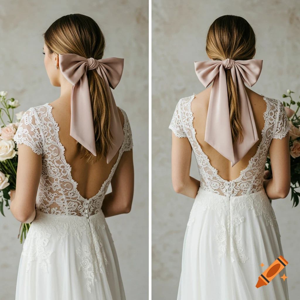 Woman from behind in lace wedding dress with large pink bow in her ponytail, holding flowers.