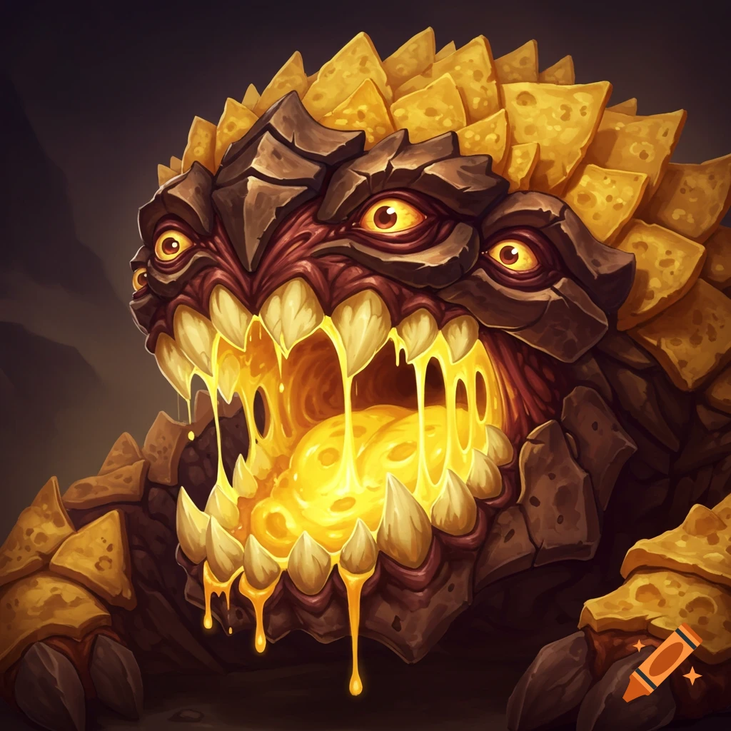 A monster made of nachos with dripping cheese.