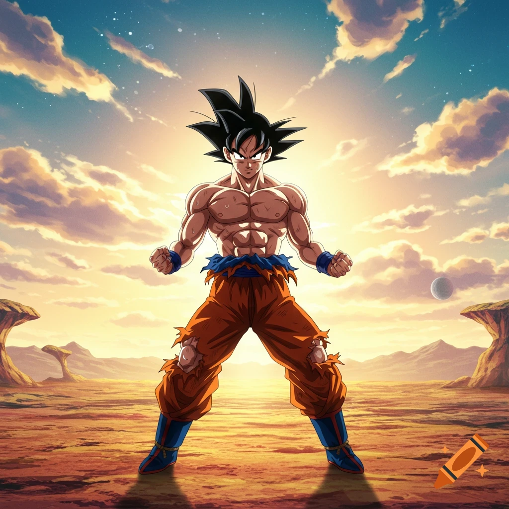 Goku stands powerfully in a desolate landscape at sunset in anime style.