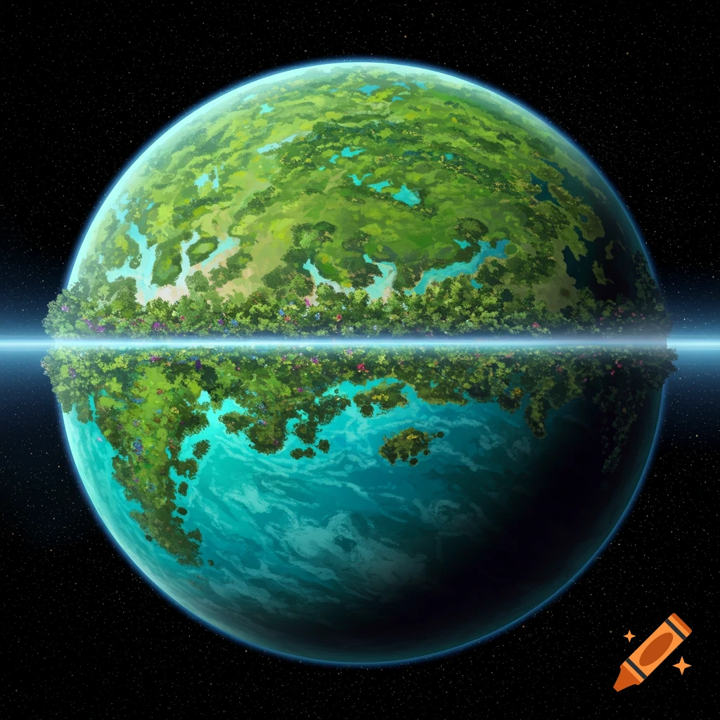 A stylized green planet with forests and water on the upper hemisphere, reflected below a glowing horizontal line in space.
