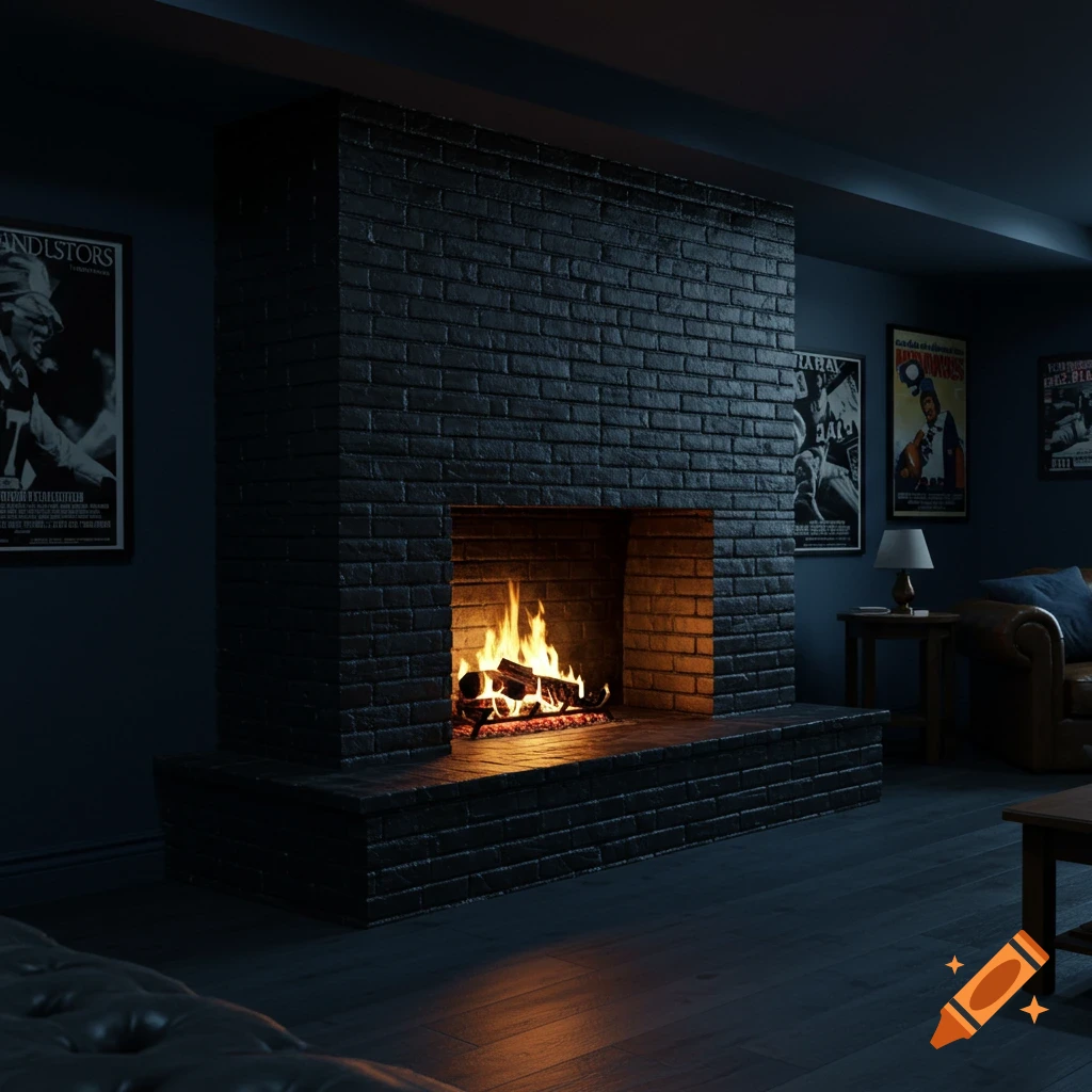 A black brick fireplace with a fire burning in a dimly lit room with posters on the walls and furniture.