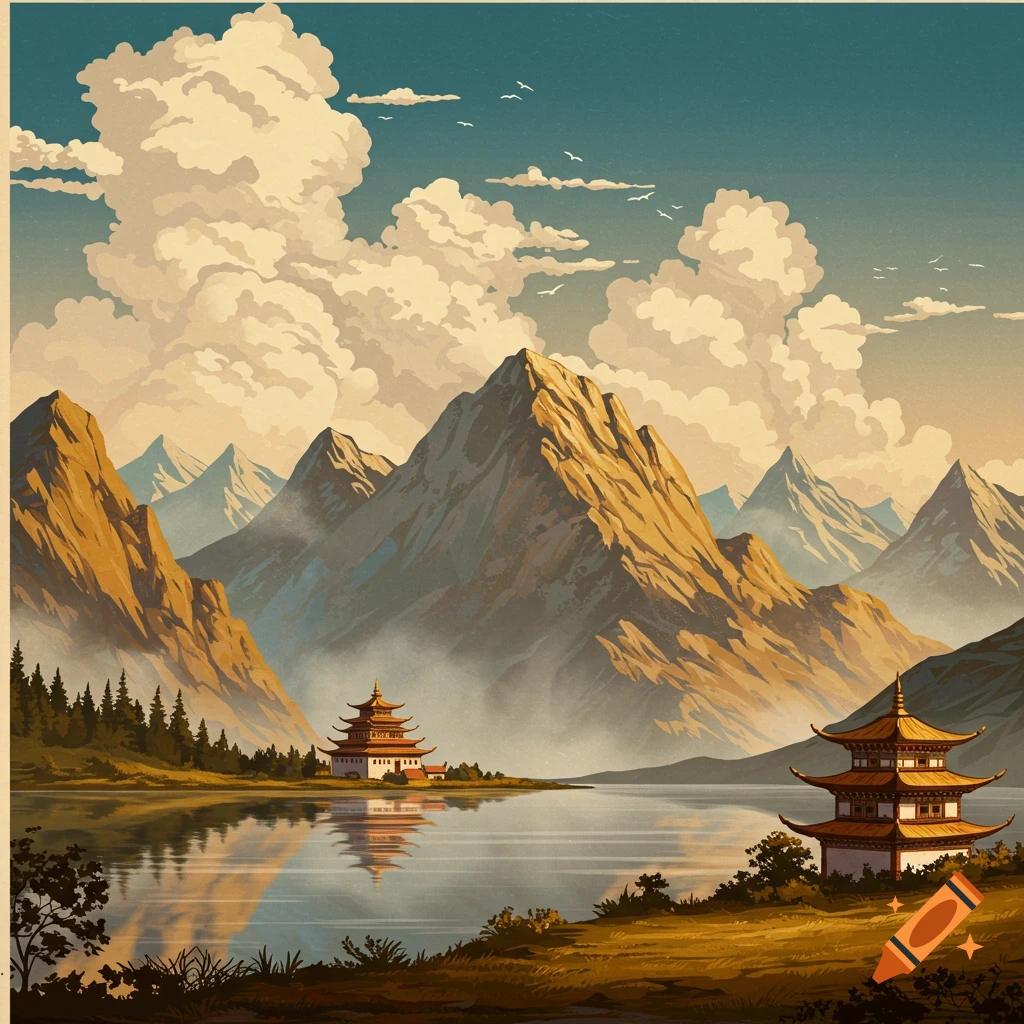 A mountain and lake landscape with Asian-style buildings and dramatic clouds.
