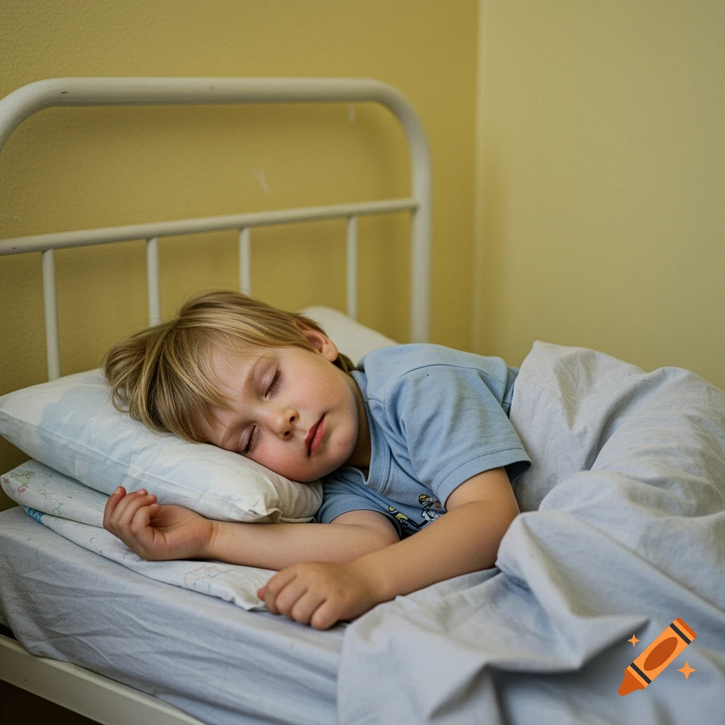 A young child with blonde hair sleeps peacefully in a simple bed.