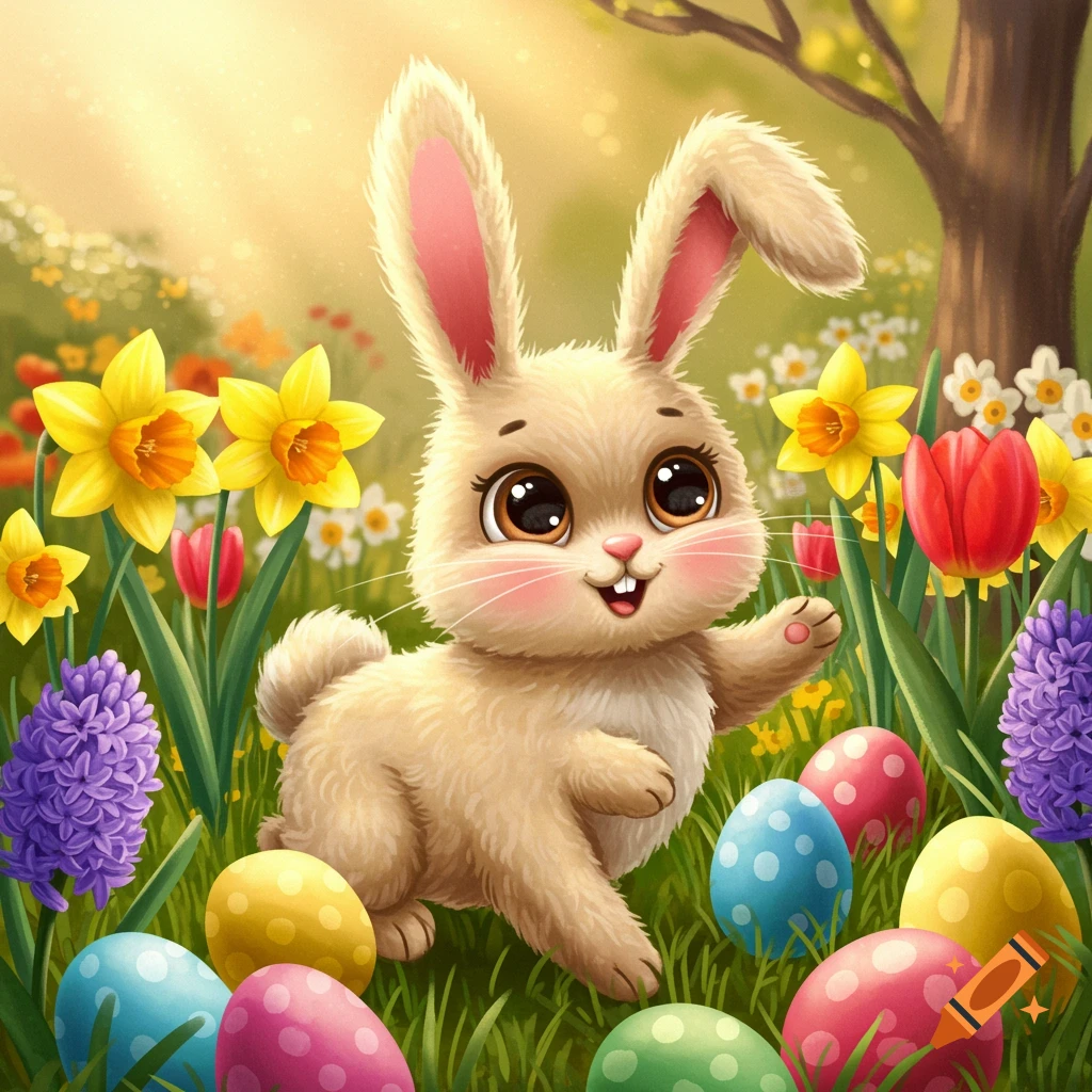 A cute cartoon Easter bunny hops through a vibrant garden filled with flowers and colorful Easter eggs.