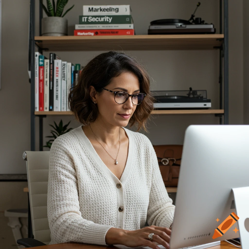 A woman in glasses and white sweater types on a computer at a desk with a bookshelf.