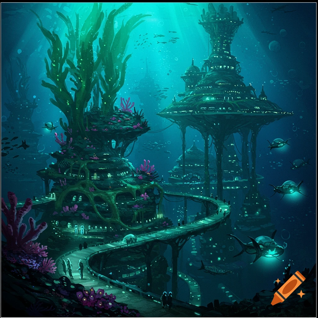 An intricate underwater city with pathways and glowing marine life