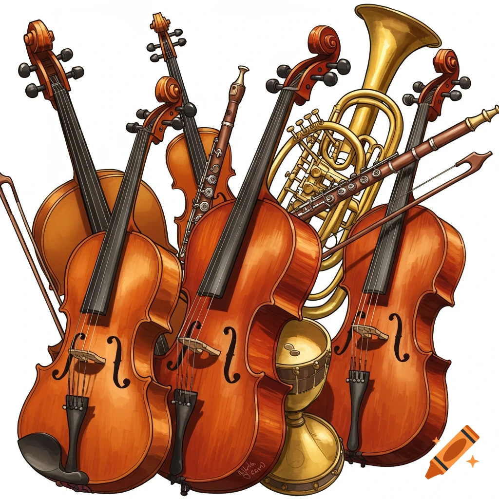 A group of musical instruments including violins, a horn, and a flute on a white background.