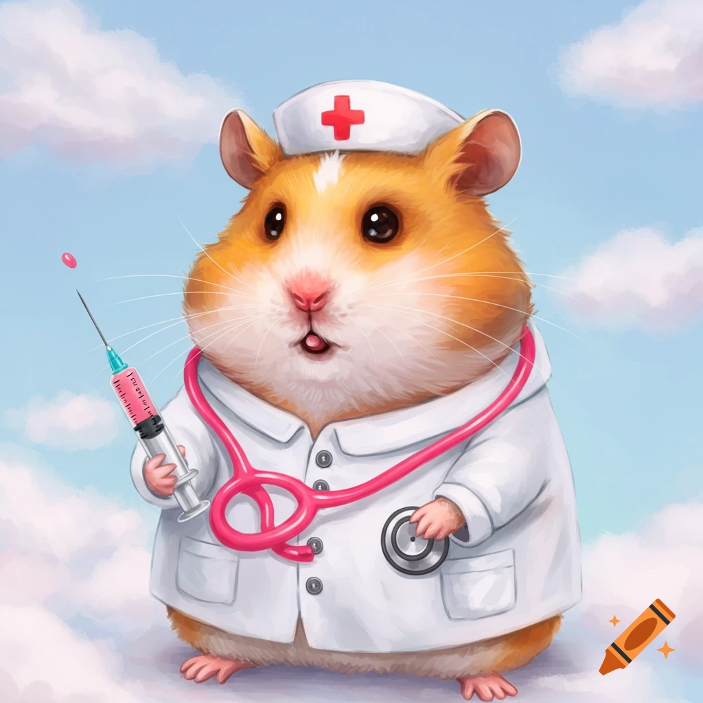 A cute hamster dressed as a nurse, holding a syringe and stethoscope.