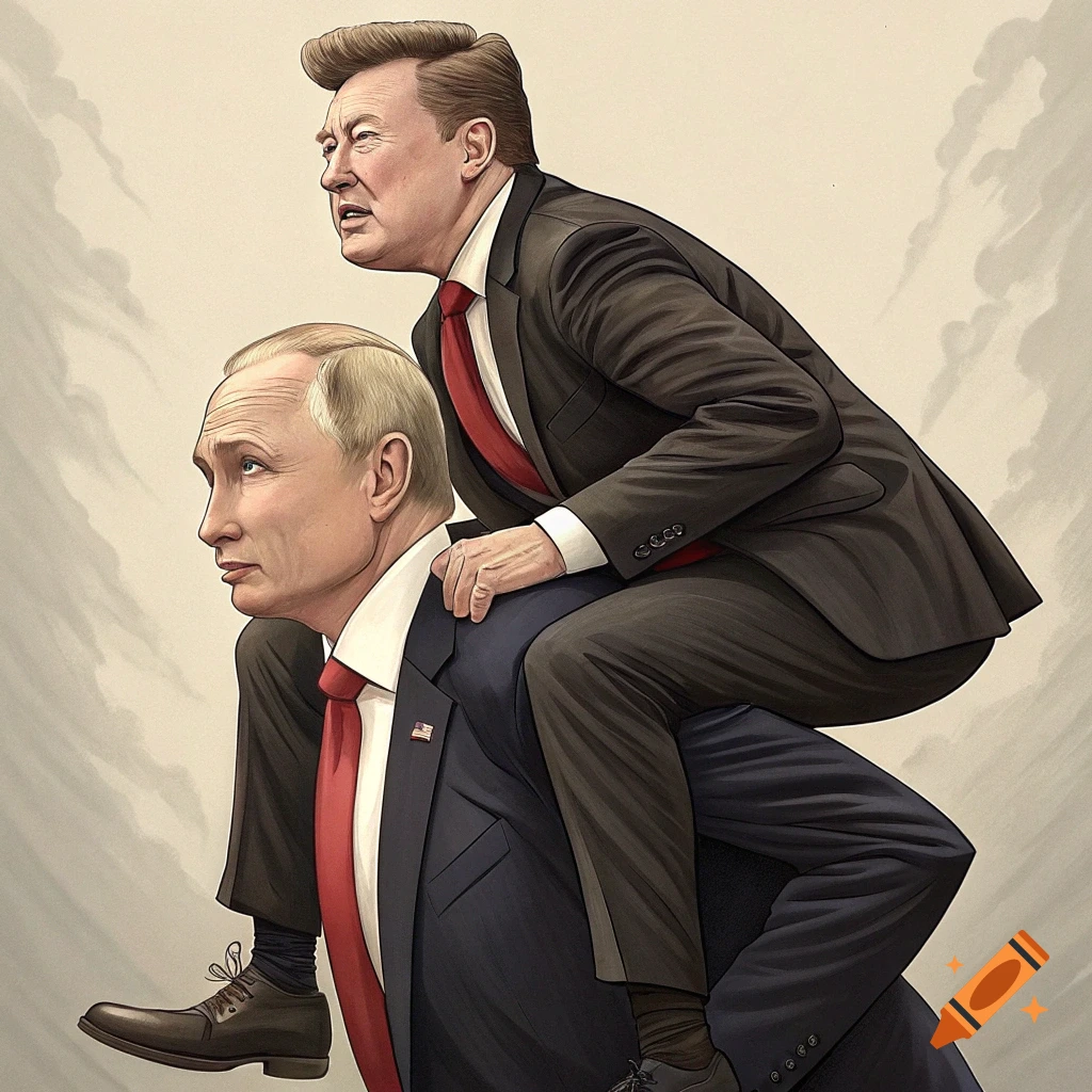 Illustration of Elon Musk sitting on Vladimir Putin's shoulders.