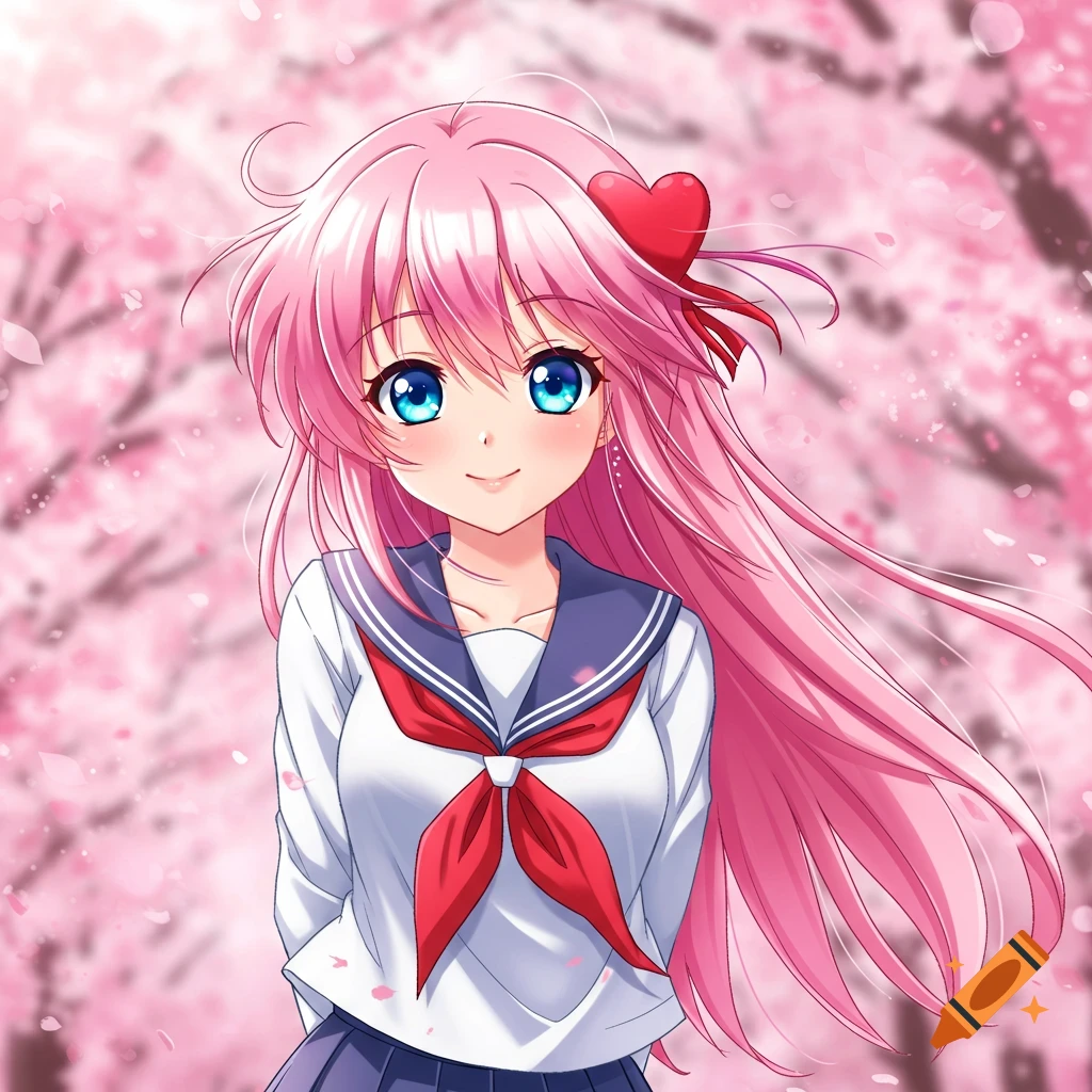 Anime girl in a school uniform smiling among cherry blossoms