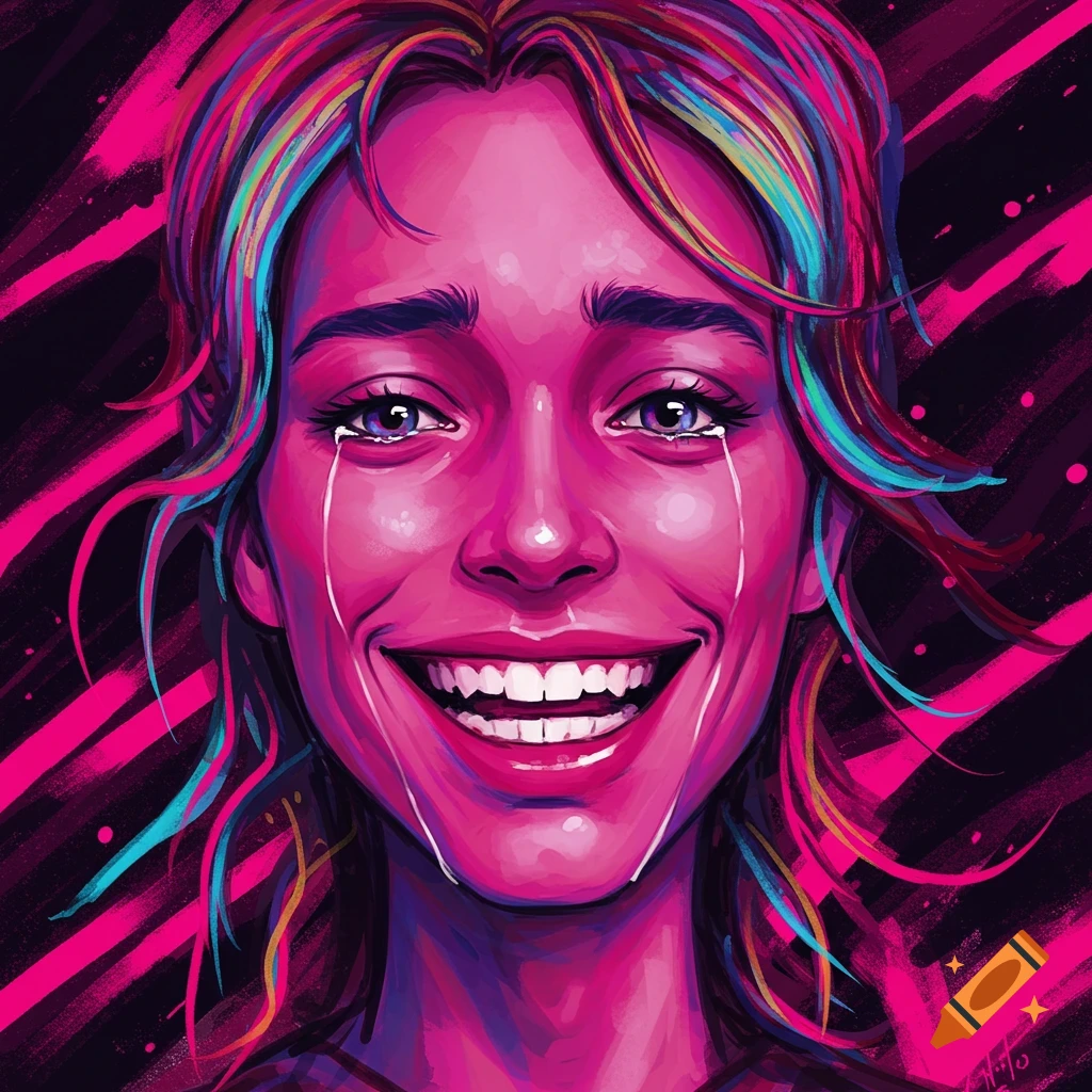 A woman with pink skin and colorful hair is smiling while crying.