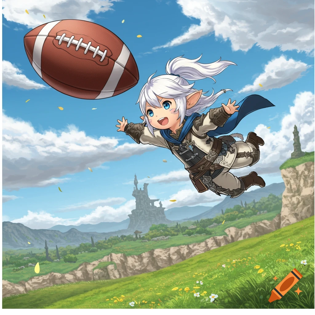 A cute fantasy character flying and reaching for a football over a valley.