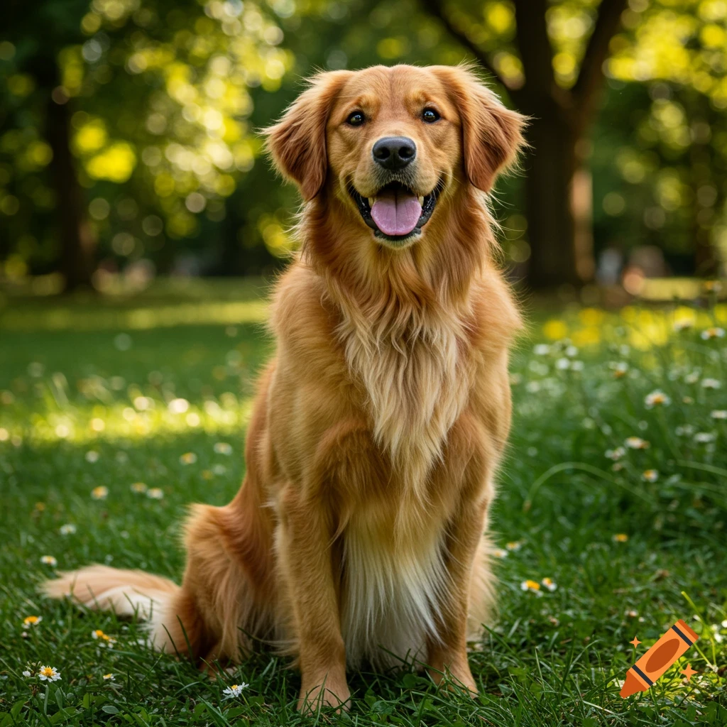 A golden retriever dog sits in grass in a park.