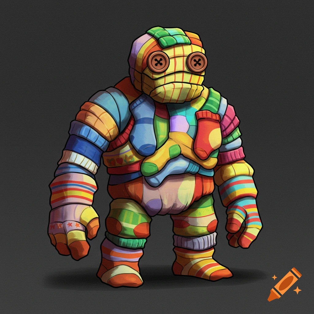A colorful golem made entirely of stitched-together socks stands with arms slightly out.