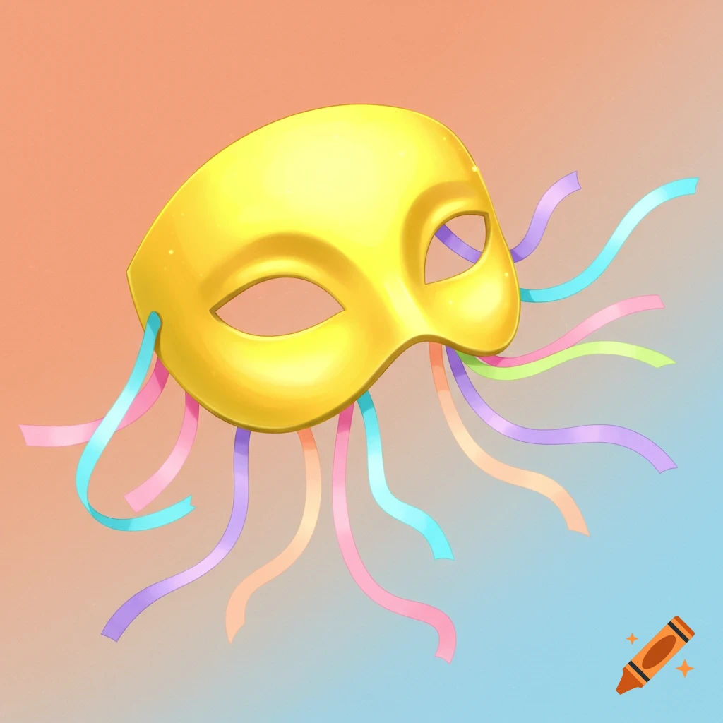 A golden mask with colorful ribbons floating on a gradient background.