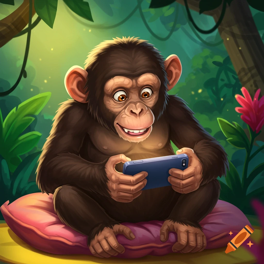 Cartoon chimpanzee plays a mobile game on a phone while sitting on a pillow in a jungle.