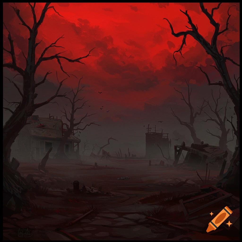 A desolate, ruined landscape under a blood-red sky with bare trees.