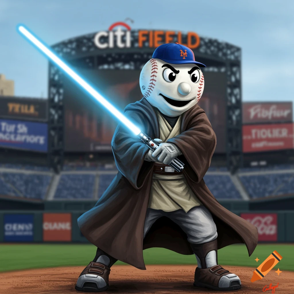 Mr. Met, the NY Mets mascot, dressed as a Jedi Knight holding a blue lightsaber at Citi Field baseball stadium.