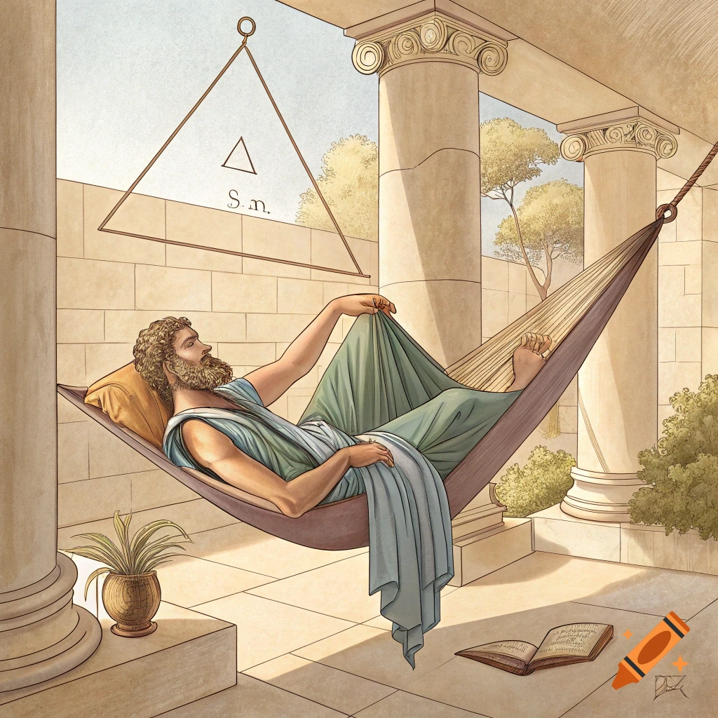 Illustration of Pythagoras lounging in a triangular hammock under a classical portico.