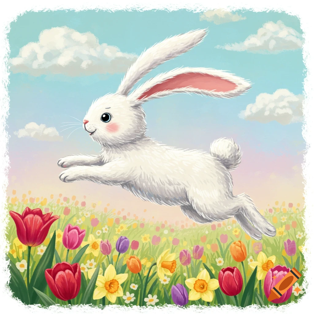 Fluffy white bunny hops over a meadow of colorful flowers under a cloudy sky. Illustration style.