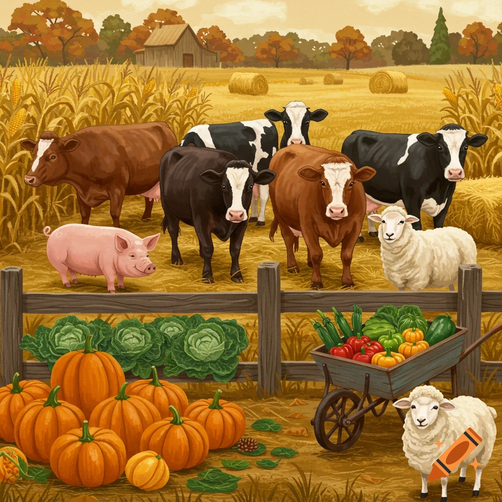Farm animals, including cows, a pig, and sheep, are in a field with pumpkins, vegetables, corn, and hay bales.