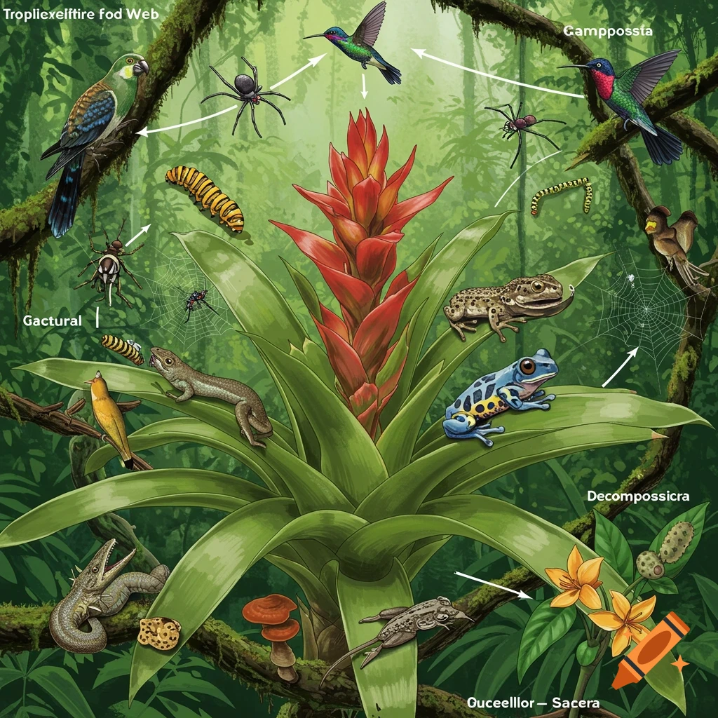 Illustration of a rainforest food web centered around a bromeliad plant, showing various animals and organisms linked by arrows.