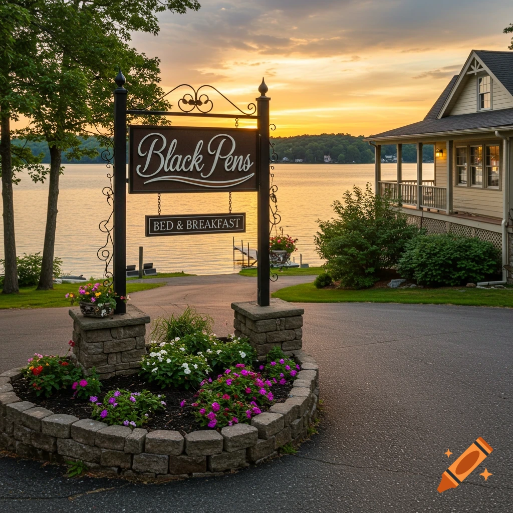 A sign for Black Pens Bed & Breakfast stands by a lake at sunset, with the building visible in the background.