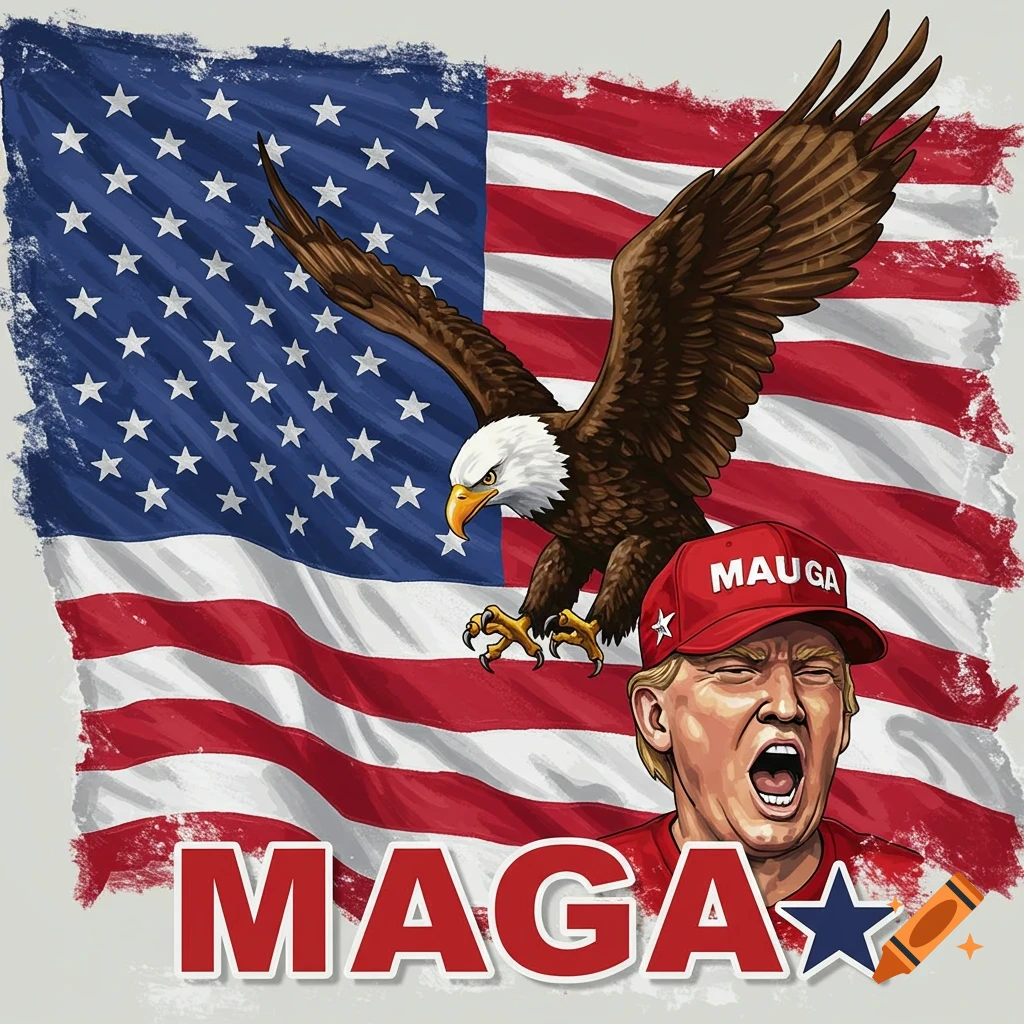 Digital illustration of Donald Trump, an eagle, and the text MAGA in front of an American flag.