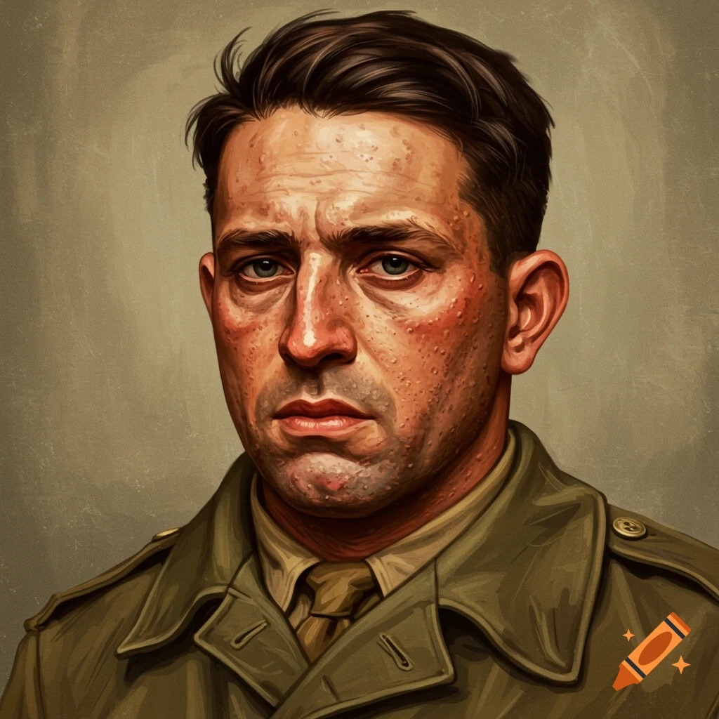 Portrait of a man in a military jacket with facial blemishes.
