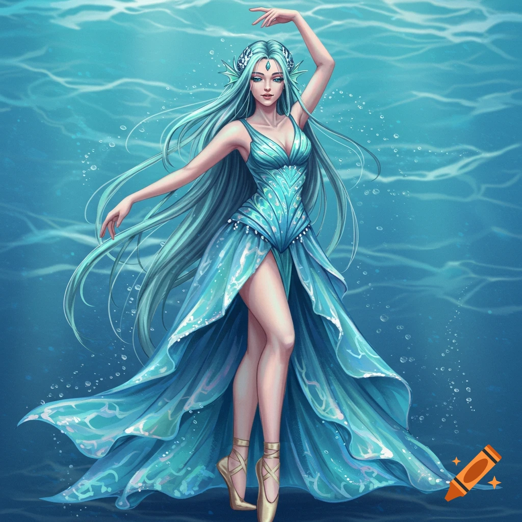 A fantasy woman in a blue flowing dress and golden ballet shoes standing in water.
