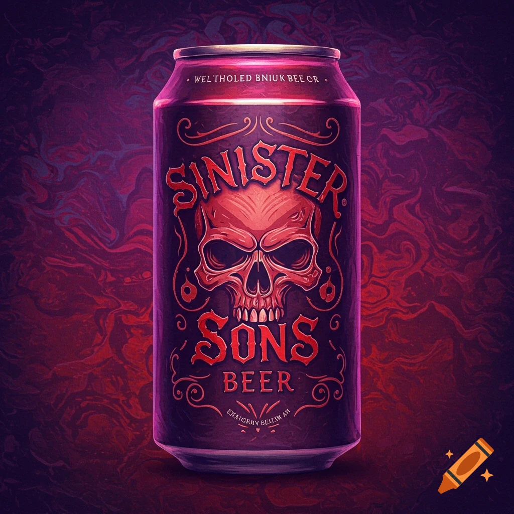 A beer can features a red skull and the words Sinister Sons Beer.
