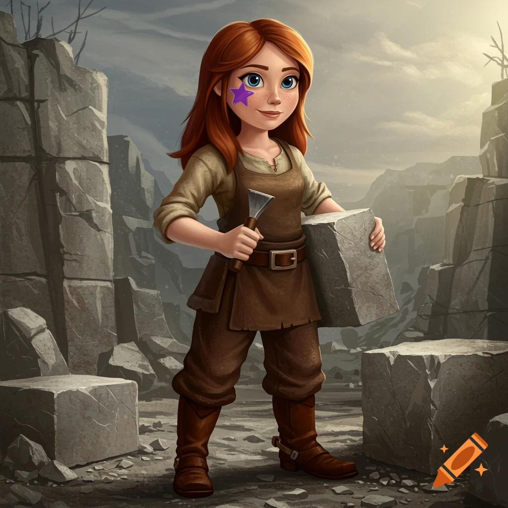 A red-haired girl with a purple star on her cheek holds a chisel and stone in a quarry.