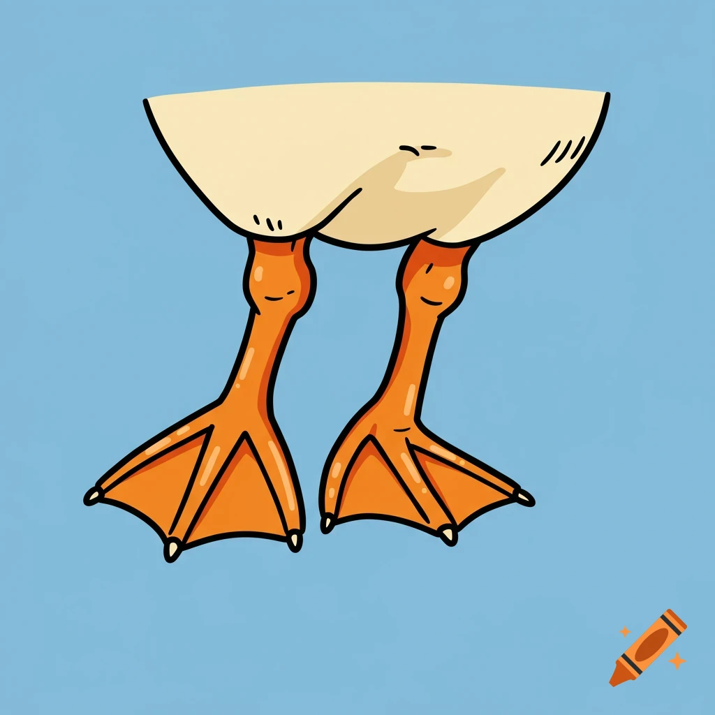A simple cartoon illustration shows the webbed orange feet and lower legs of a goose against a blue background.