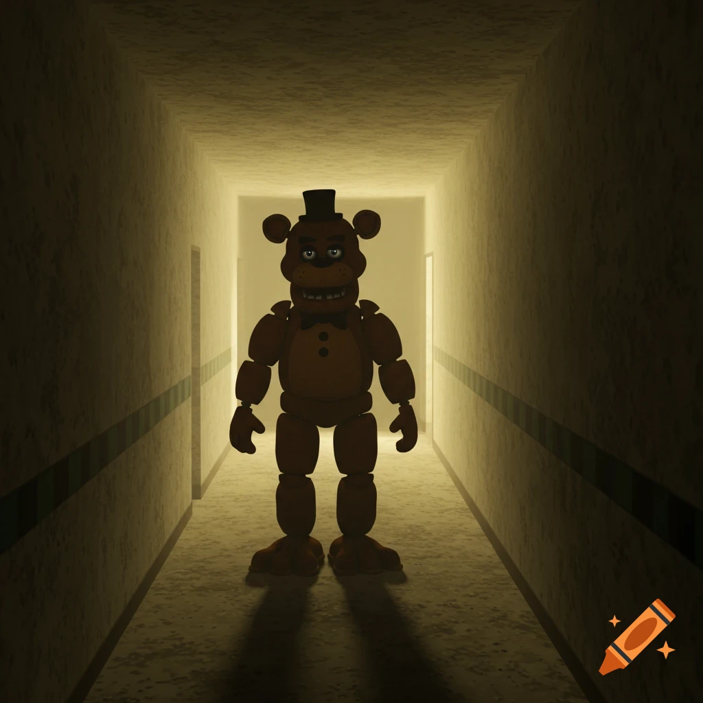 3D render of Freddy Fazbear standing in a dimly lit hallway