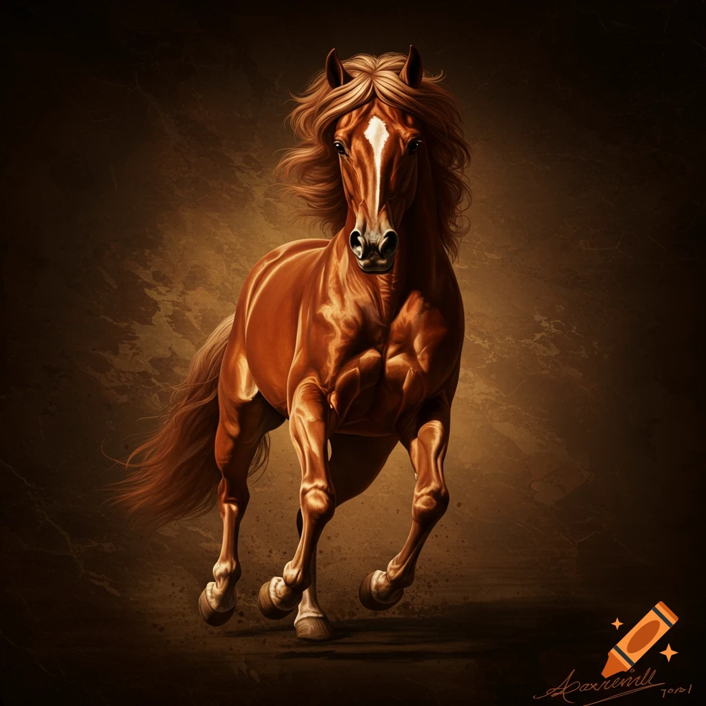 A brown horse gallops towards the viewer against a textured background, rendered in a painterly style.
