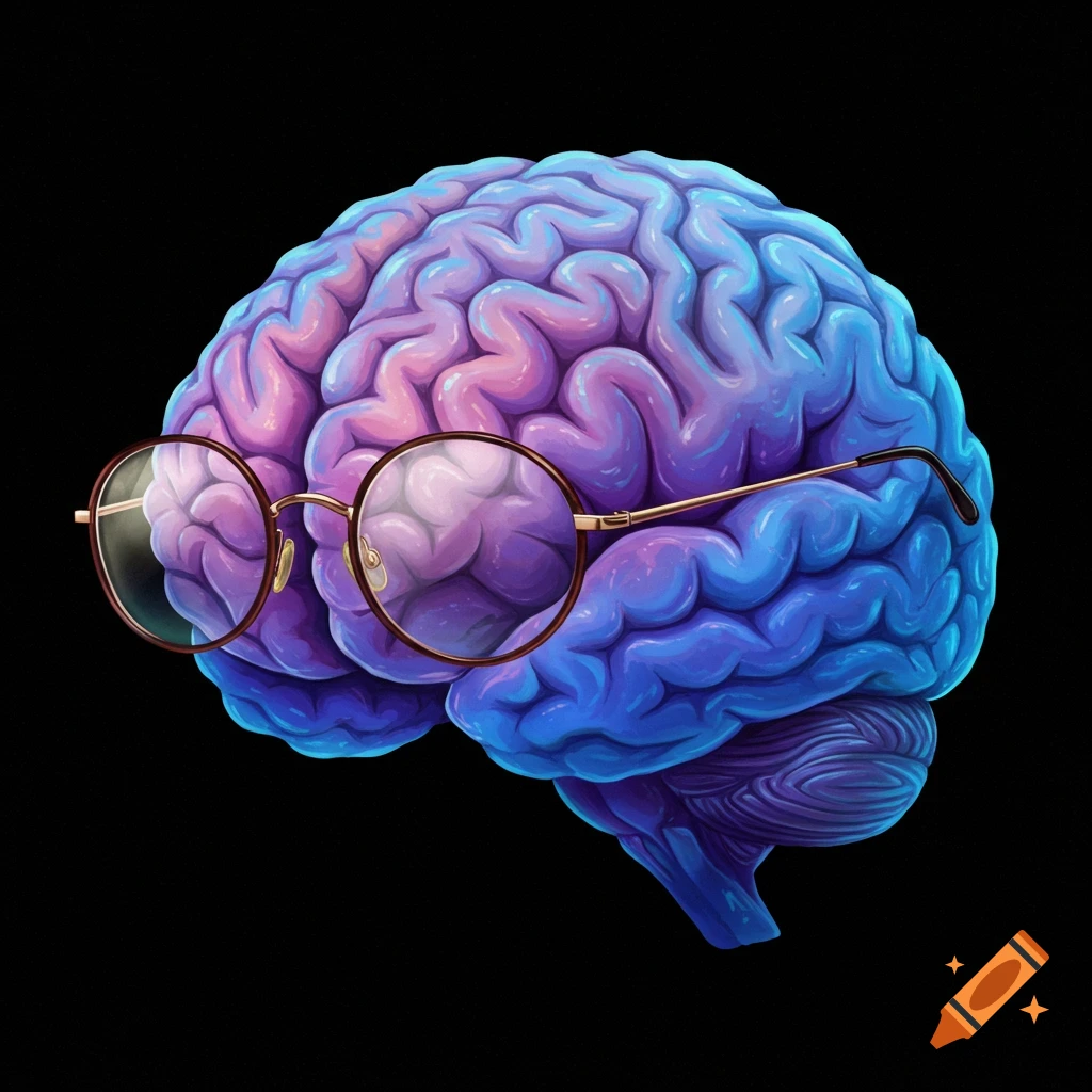 A colorful human brain wearing glasses on a black background.