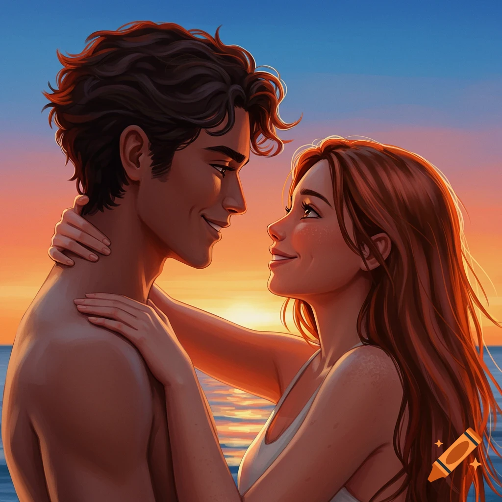 A couple embracing on a beach at sunset