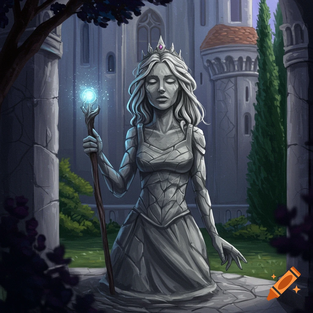 Stone statue of a queen holding a glowing staff in a castle courtyard.