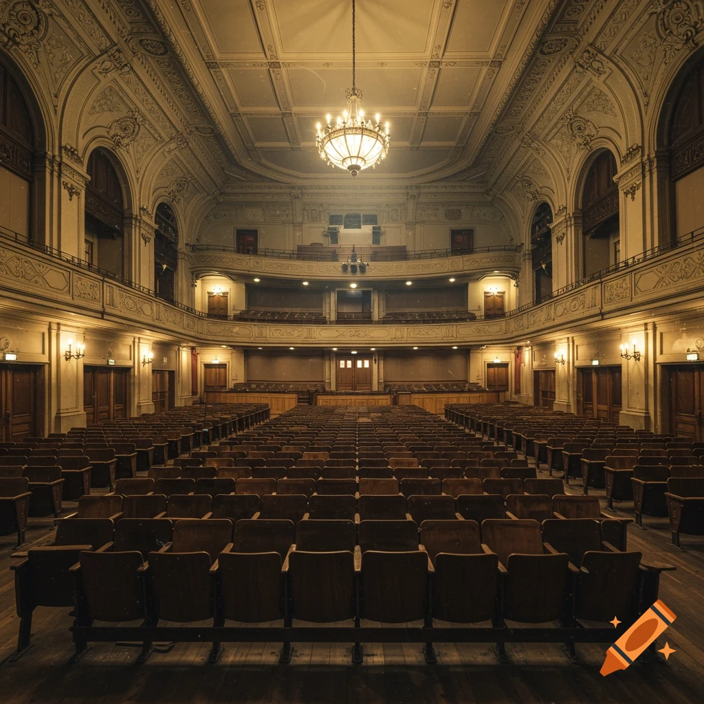 Empty auditorium with rows of wooden seats and a large chandelier.