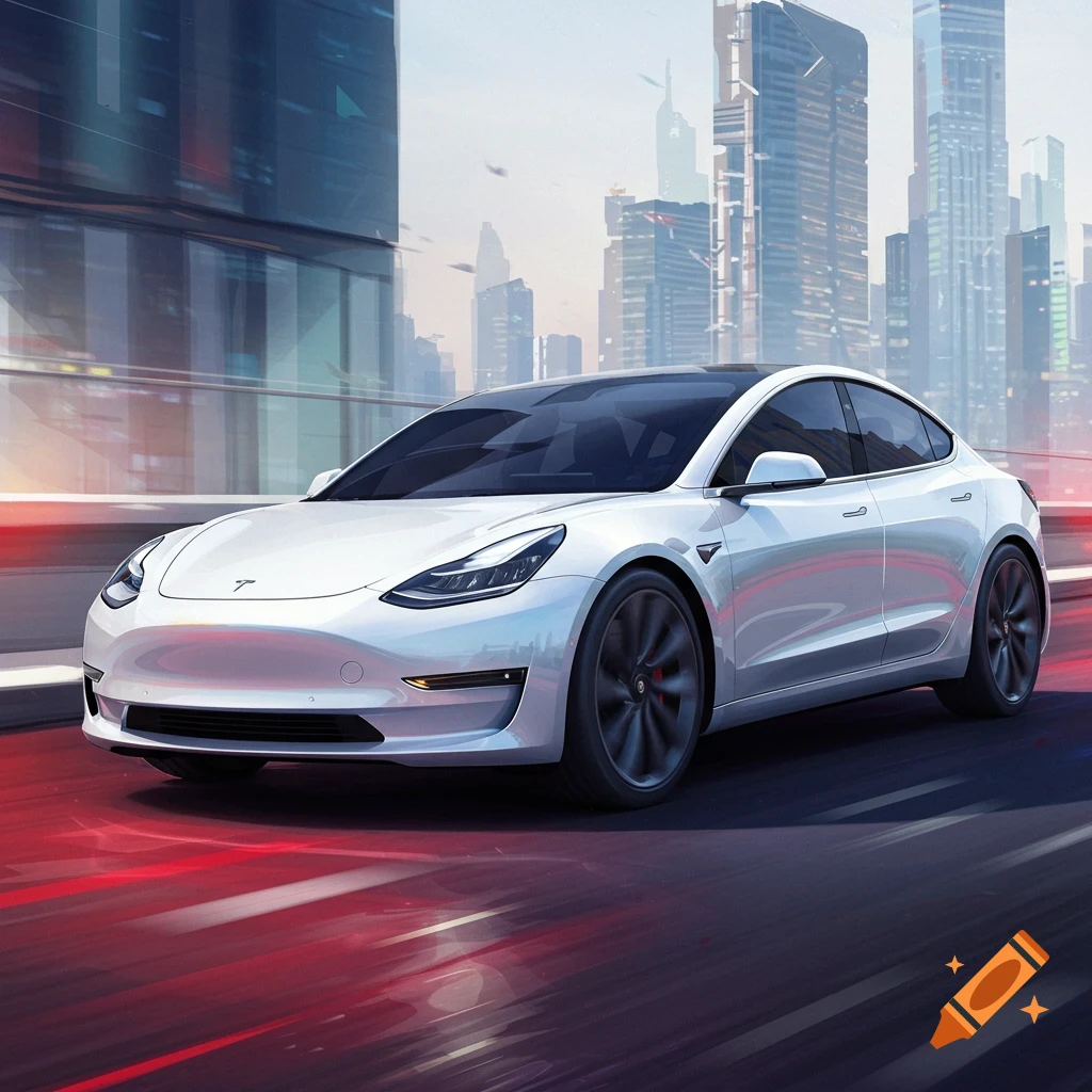 A white modern car speeds down a city street.
