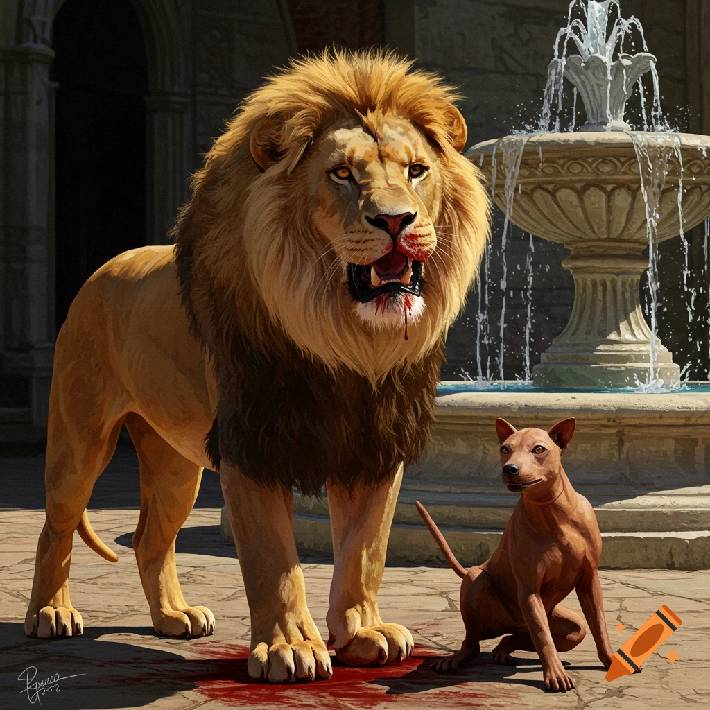 A lion with blood on its face stands near a fountain while a small dog sits nearby.