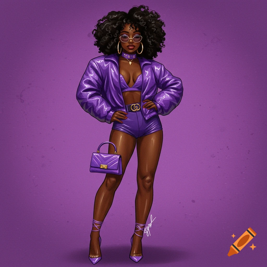Digital illustration of a woman in a purple Y2K-style outfit.