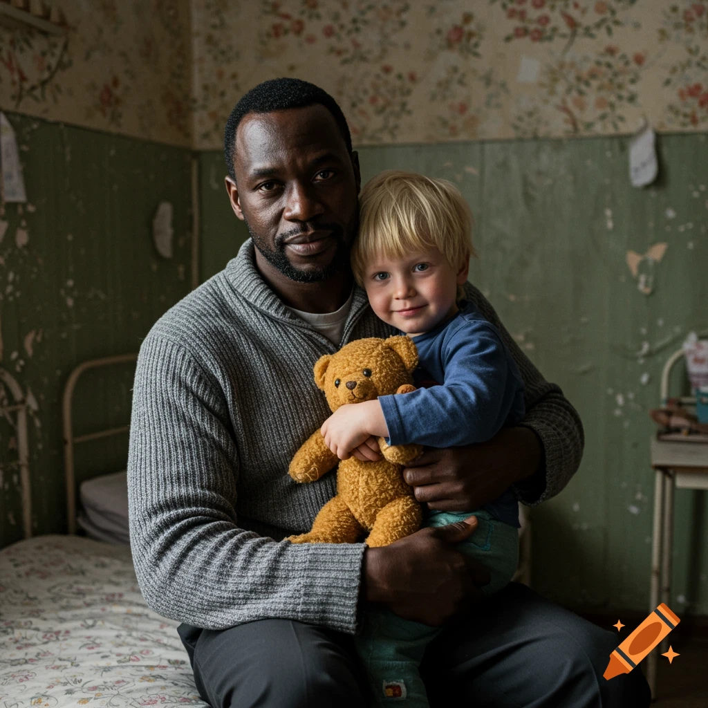A Black man holds a blonde-haired child with a teddy bear in a dimly lit room.